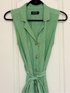 Indi & Cold Mint Green Linen Sleeveless Tie-Waist Dress, Small